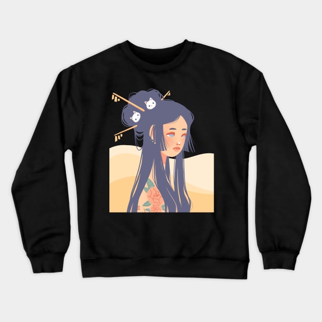 Geisha with white Cat Pins | Cat Lover Gifts | Anime Manga Style Art | Handmade Illustrations by Atelier Serakara Crewneck Sweatshirt by Atelier Serakara